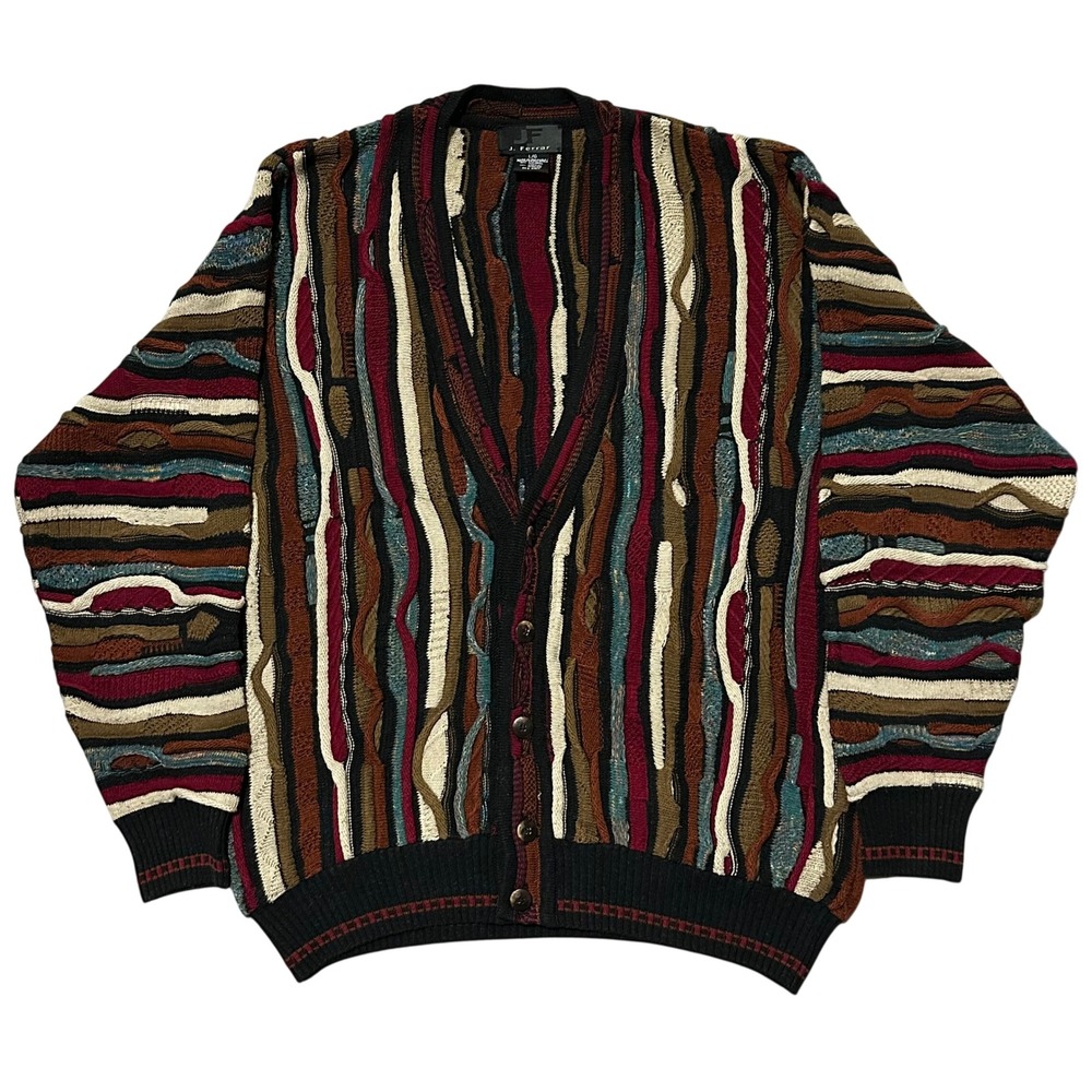 J. Ferrar Mens 3D Textured Knit Cardigan Sweater Multicolor Coogi Style Large